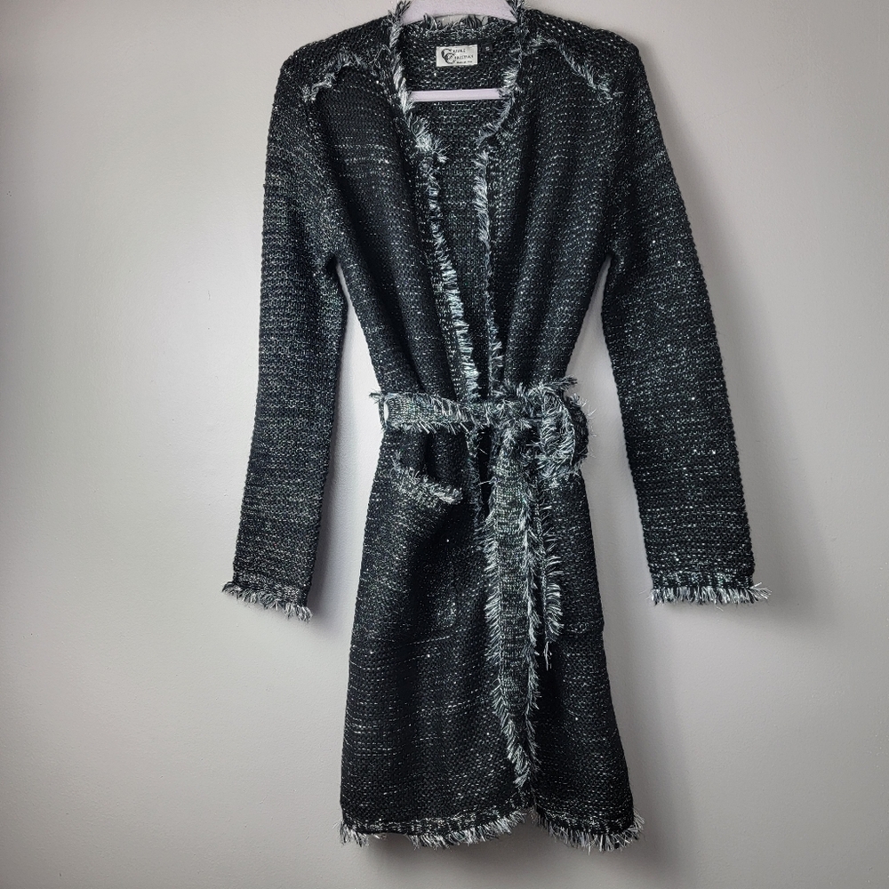 Carol Christian Women S Silver Knit Shiny Open Front Belted Sweater Coat Jacket